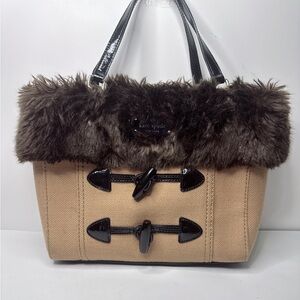 Kate Spade Quinn Foxtrot Hill Autumn Beige Canvas Fur Satchel Bag